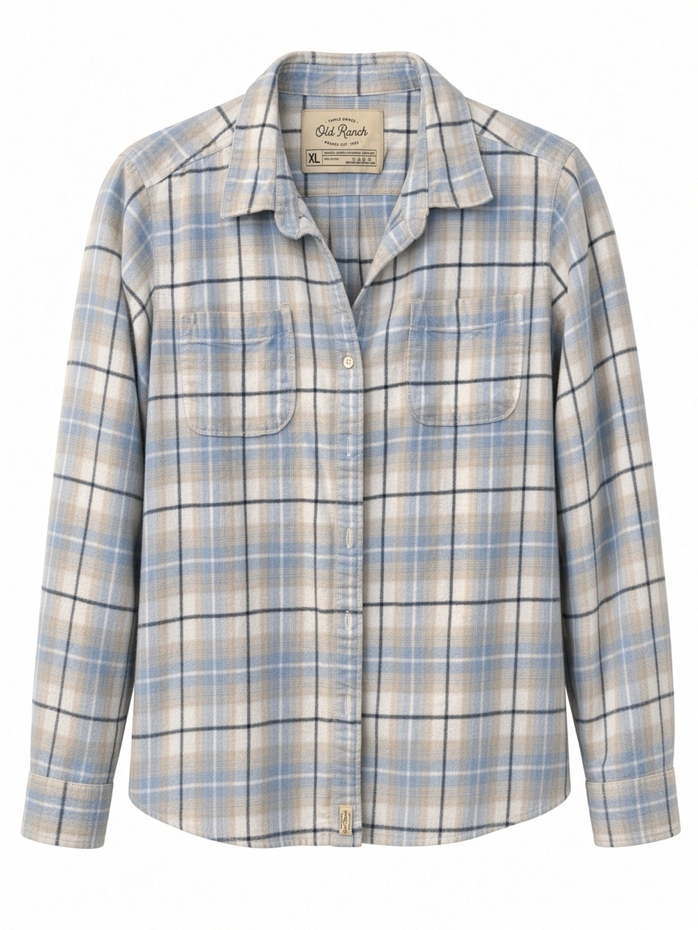 Women’s Old Ranch Blue White Windowpane Plaid Flannel Shirt XL M/L 100% Cotton